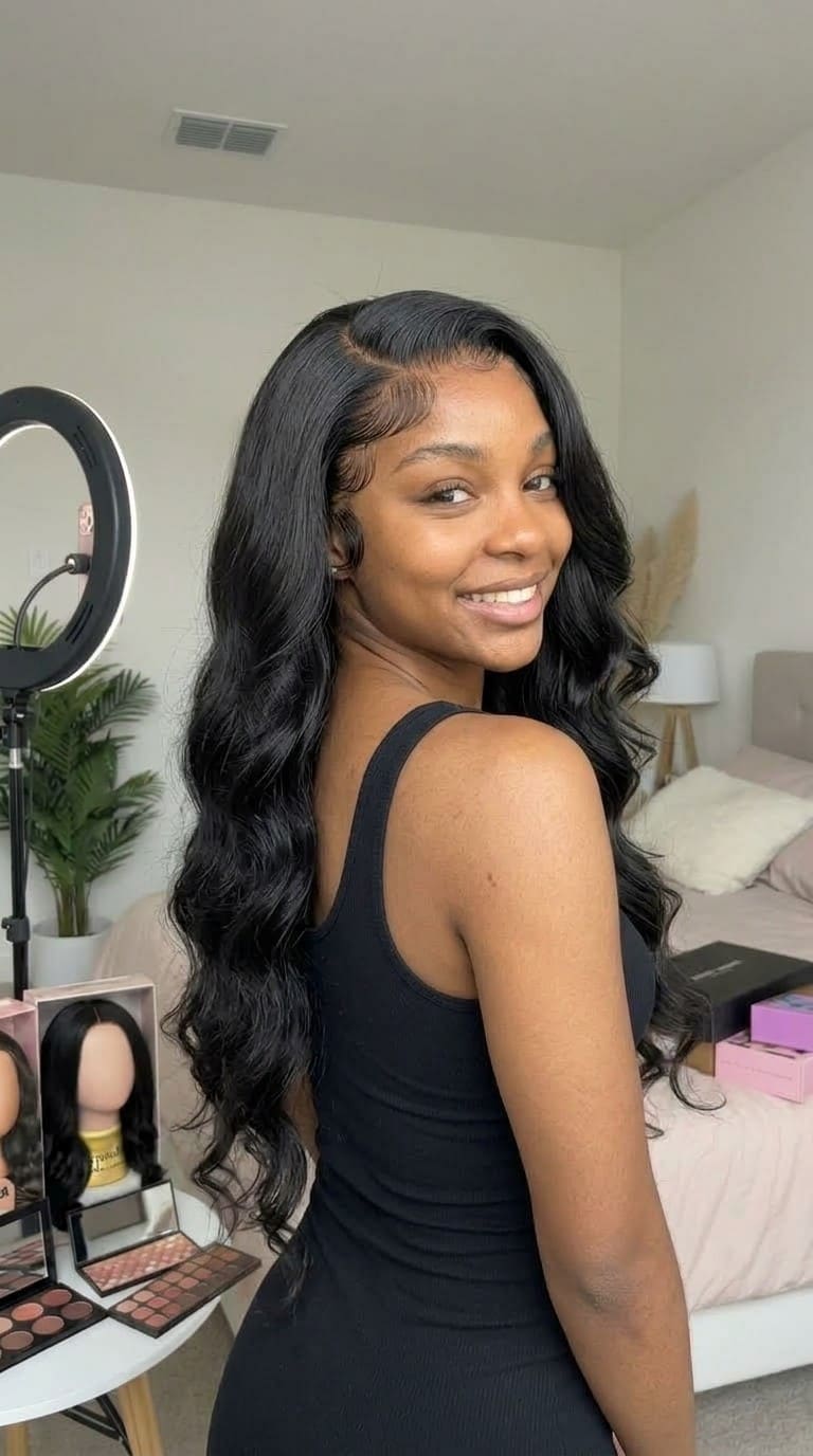Femme portant une perruque Body Wave longue