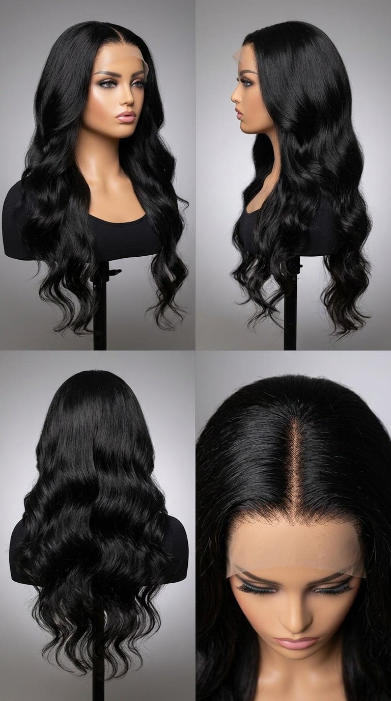 Gros plan sur la raie et la lace HD d’une perruque Body Wave