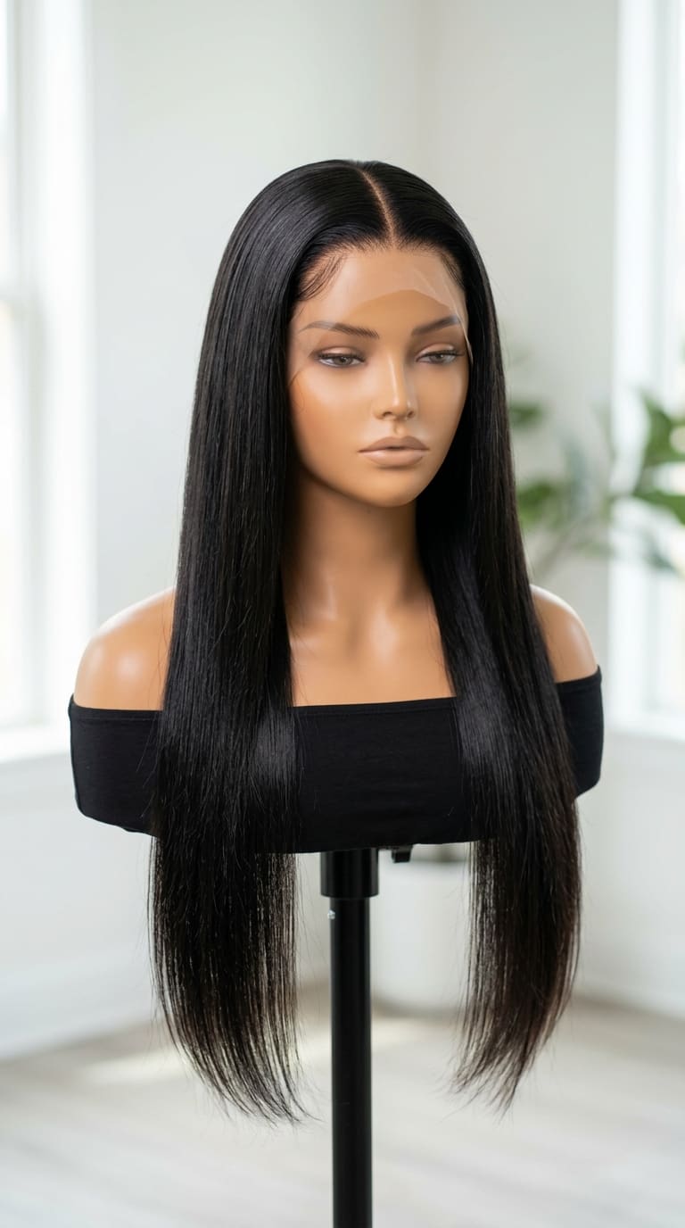 Perruque lisse rangée sur une tête de mannequin